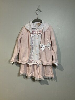 Caramelo Knitted Girl Pink 3 Piece Set Skirt Shirt Cardigan Bows Ruffle Size 5/6